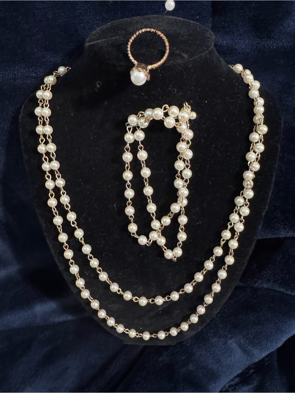 Classic Pearl Beaded Necklace, Bracelet & Ring Set - Ivory Pearls